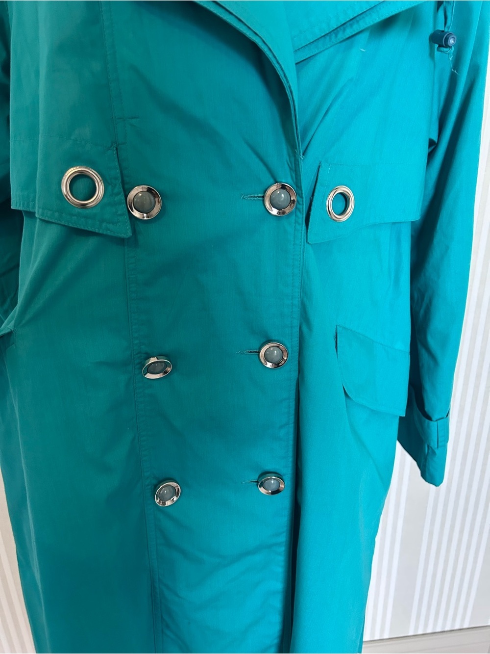 BMI par Balimel Vintage Trench Coat 80s Double Breasted Turquoise Belted - Picture 7 of 12